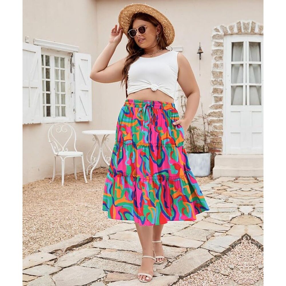 Lalagen Womens‎ Midi Skirt Size XL Multicolor Art To Wear Boho Summer Artsy